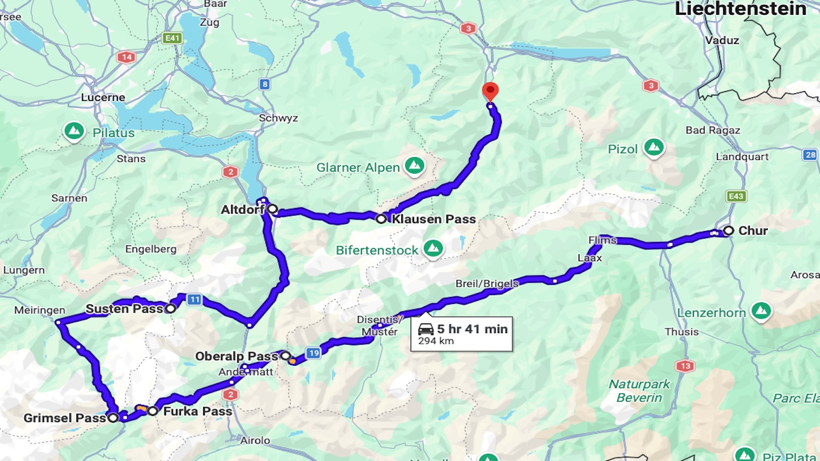 Kart over ekstraruten fra Chur via Oberalp, Furka, Grimsel, Susten, Altdorf og Klausenpasset til Glarus