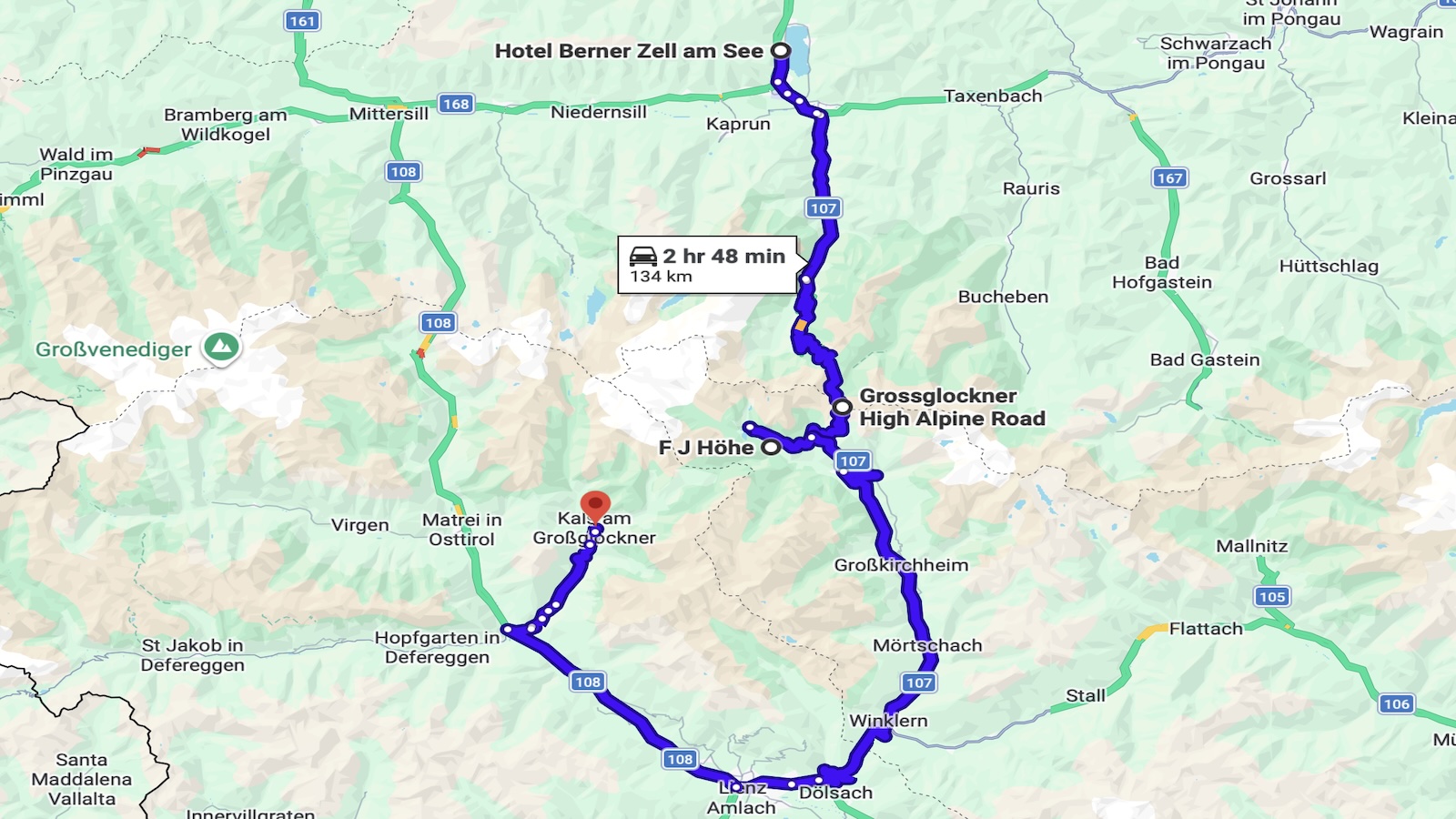 Kart over ruten fra Zell am See via Grossglockner til Kals