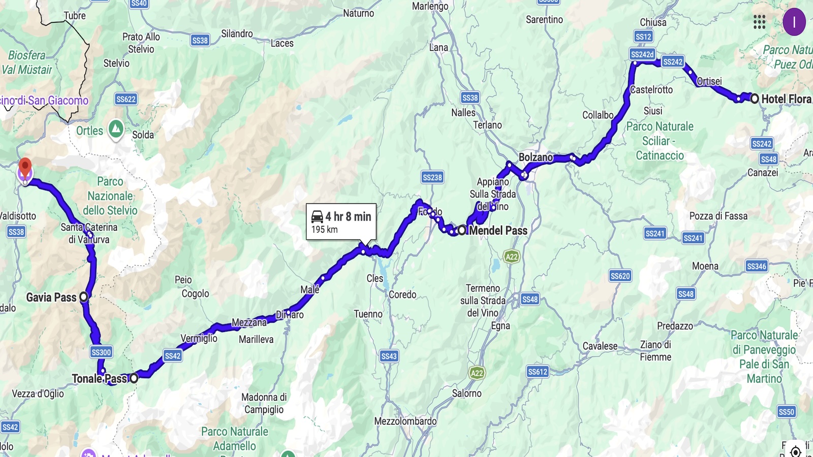 Kart over ruten fra Wolkenstein via Mendelpasset, Tonalepasset og Gaviapasset til Bormio