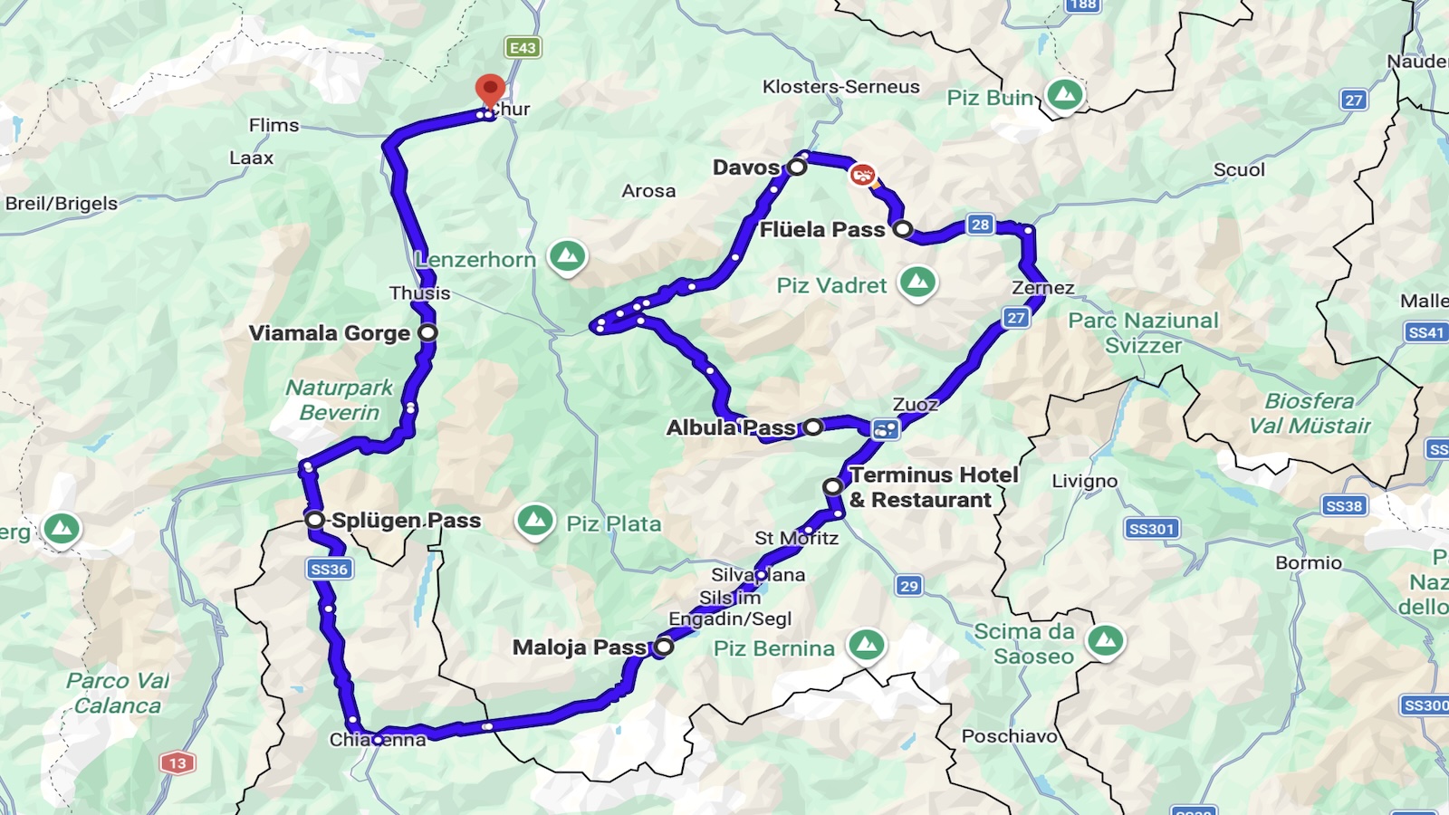 Kart over ruten fra Samedan via Albula, Flüela, Maloja, Splügen og Viamala til Chur