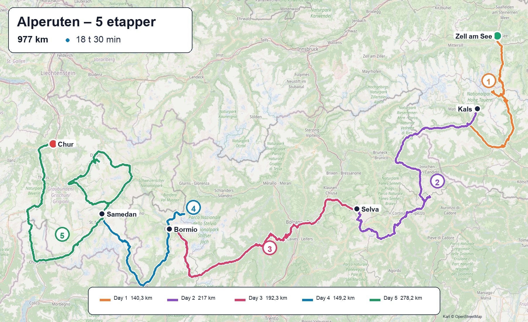 Oversiktskart over de fem etappene fra Zell am See til Chur