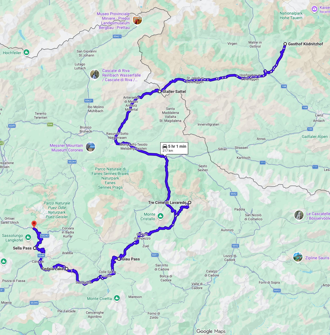 Detaljert kart over Day 2 fra Kals via Staller Sattel, Tre Cime, Giau, Fedaia og Sella Pass til Selva