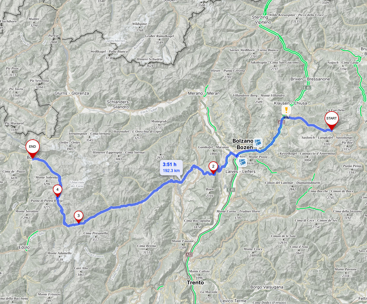 Detaljert kart over Day 3 fra Selva via Mendel Pass, Tonale Pass og Gavia Pass til Bormio