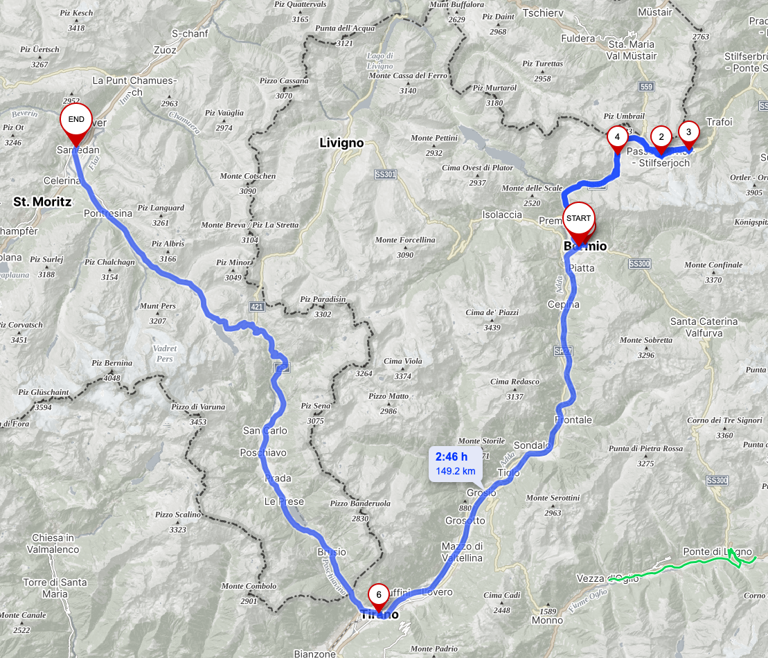 Detaljert kart over Dag 4 fra Bormio via Stelviopasset og Franzenshöhe, tilbake til Bormio og videre via Tirano og Berninapasset til Samedan