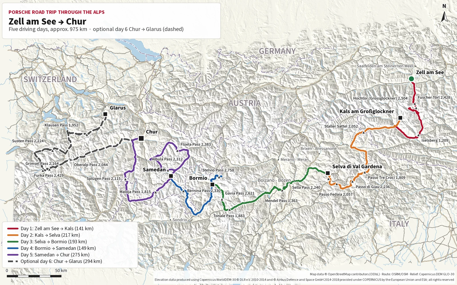 Overview map of the five stages from Zell am See to Chur, with the optional day 6 from Chur to Glarus