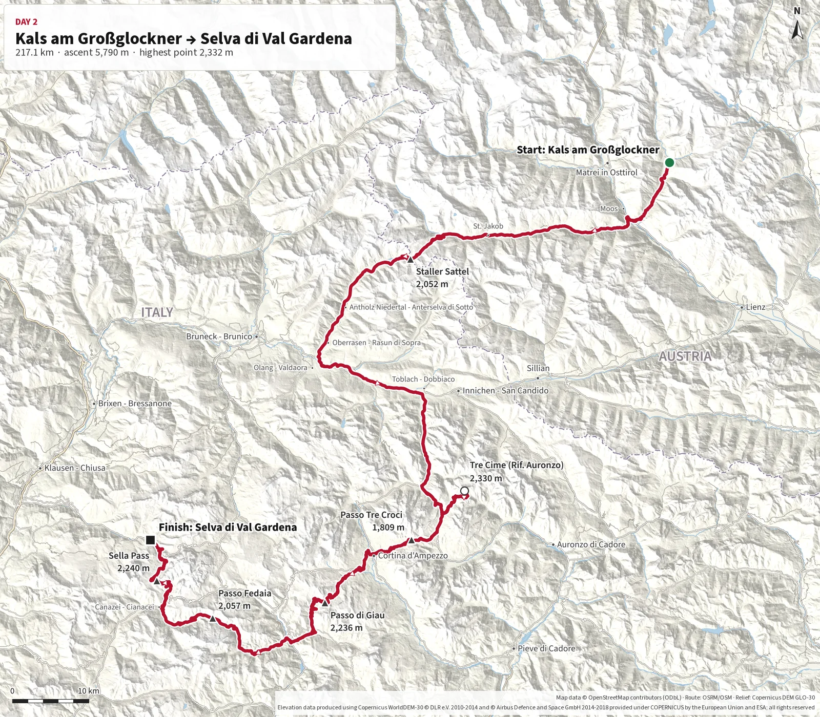 Detailed map of Day 2 from Kals via Staller Sattel, Tre Cime, Passo di Giau, Passo Fedaia and Sella Pass to Selva di Val Gardena