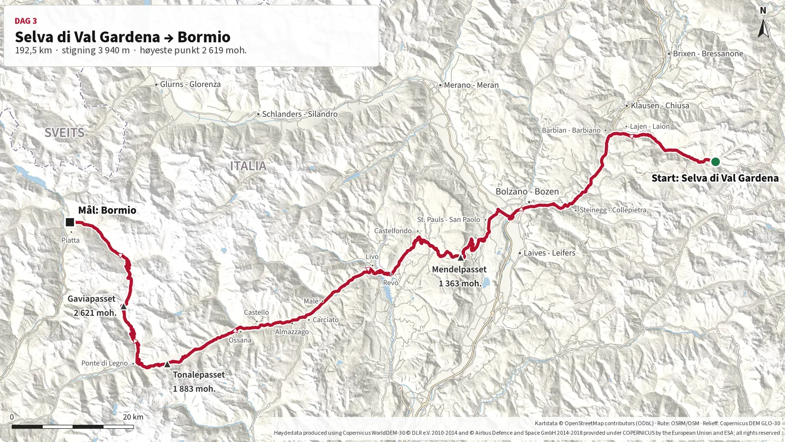 Detaljert kart over Dag 3 fra Selva via Mendelpasset, Tonalepasset og Gaviapasset til Bormio