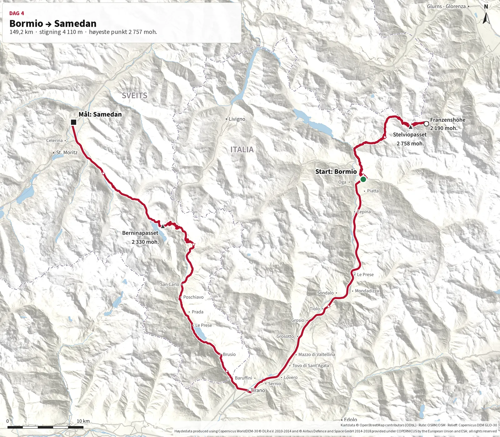 Detaljert kart over Dag 4 fra Bormio via Stelviopasset og Franzenshöhe, tilbake til Bormio og videre via Tirano og Berninapasset til Samedan
