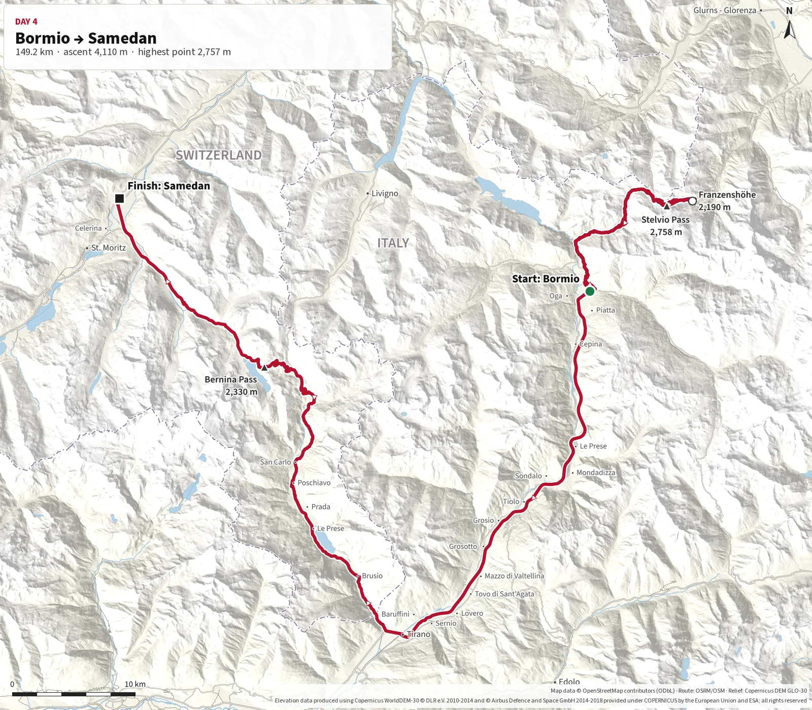 Detailed map of Day 4 from Bormio via Stelvio Pass and Franzenshöhe, back to Bormio and on via Tirano and Bernina Pass to Samedan
