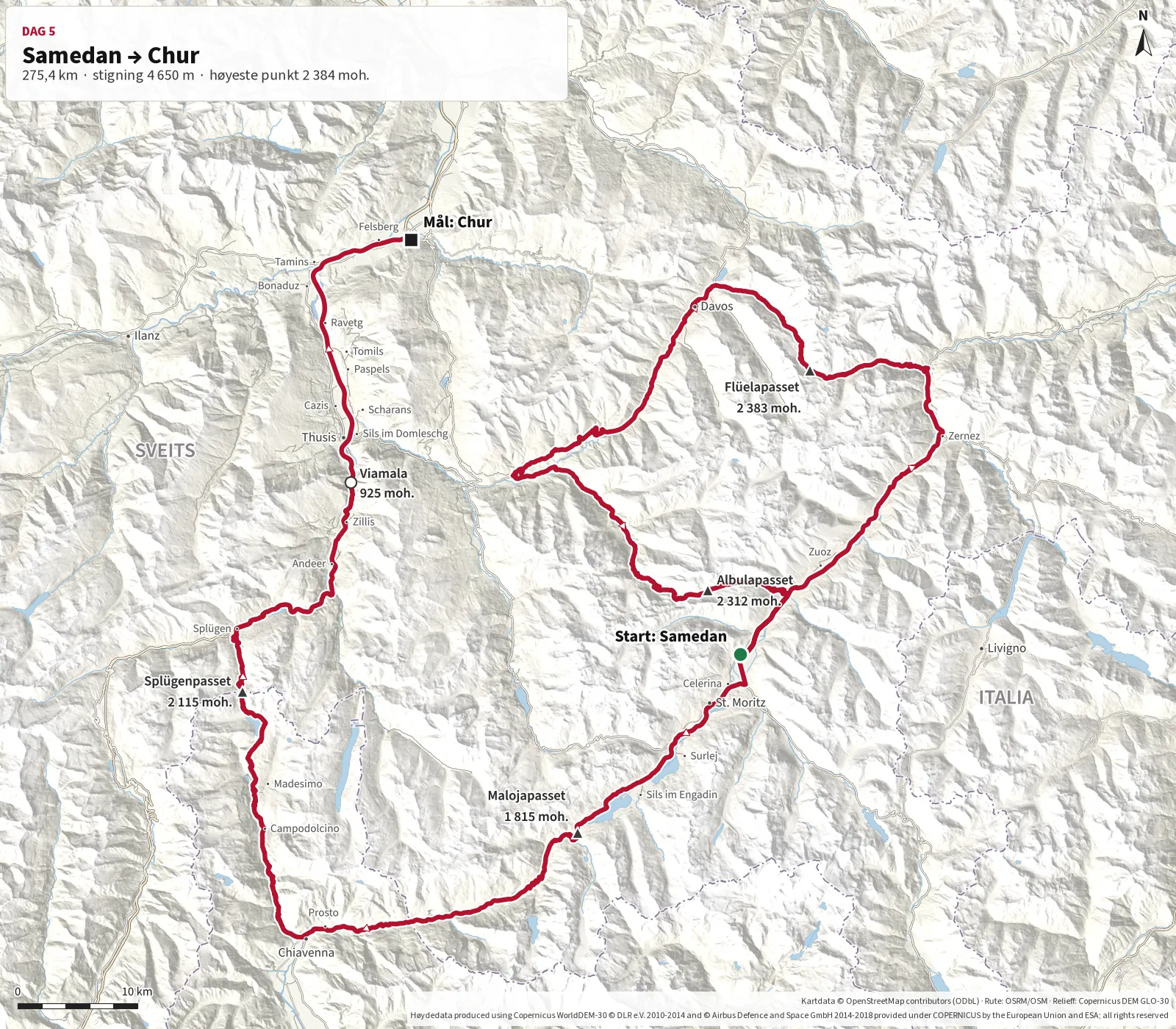 Detaljert kart over Dag 5 fra Samedan via Flüela, Davos, Albula, Maloja, Splügen og Viamala til Chur