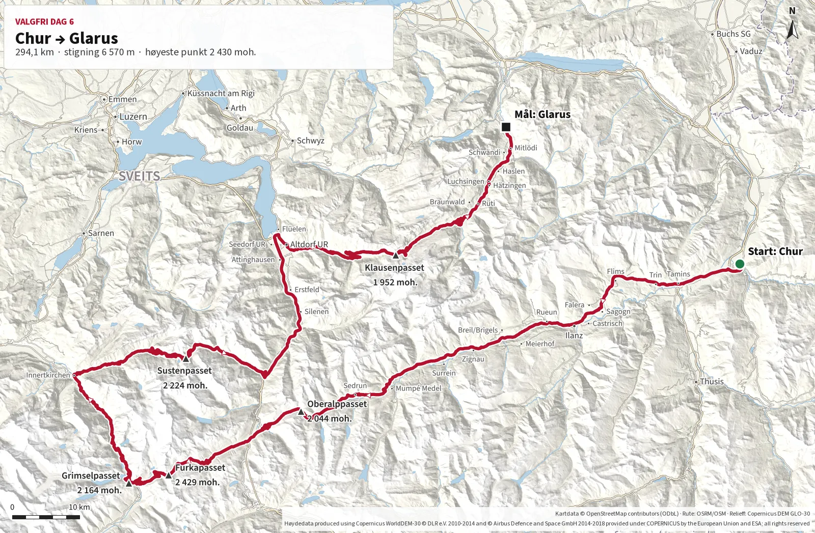 Kart over ekstraruten fra Chur via Oberalppasset, Furkapasset, Grimselpasset, Sustenpasset, Altdorf og Klausenpasset til Glarus