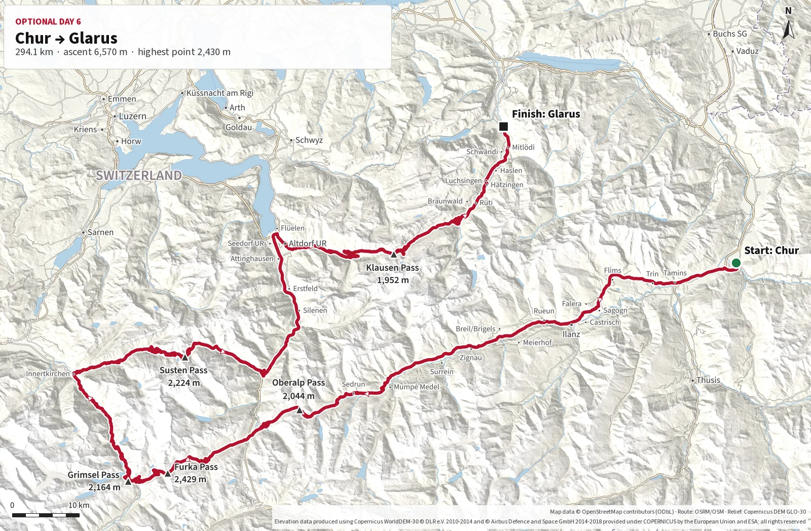 Map of the optional route from Chur via Oberalp, Furka, Grimsel and Susten Pass, Altdorf and Klausen Pass to Glarus