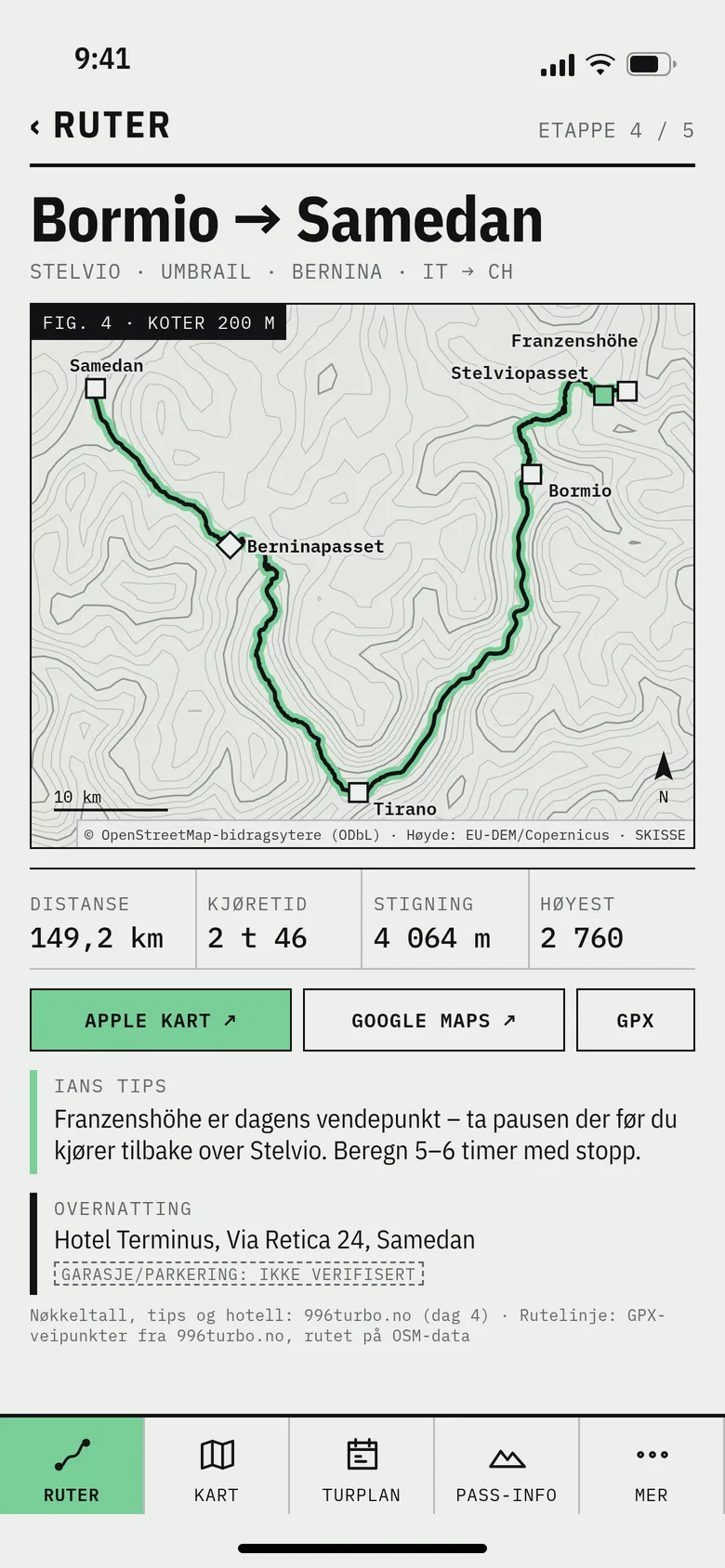 Skisse: etappe 4 Bormio–Samedan på kotekart