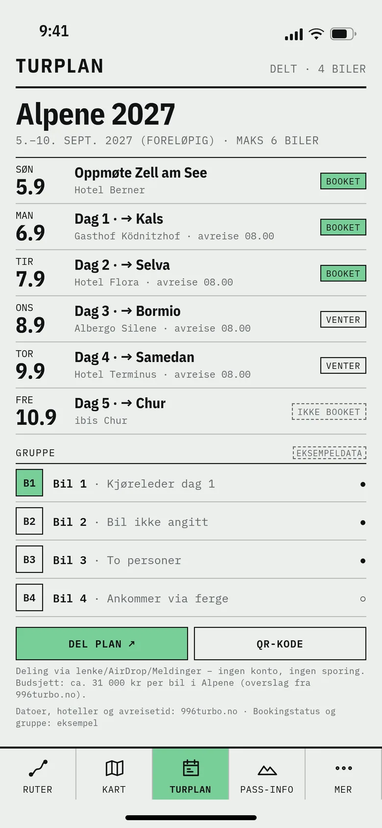 Turplan og deling: Dag for dag med hoteller og avreise, og deling med gruppen uten konto.