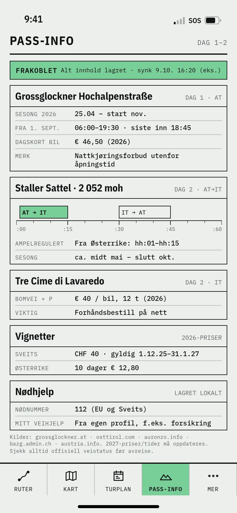 Pass-info offline: Åpningstider, bompenger, tidsvinduer og vignetter, med kilde og årstall, lagret på telefonen.